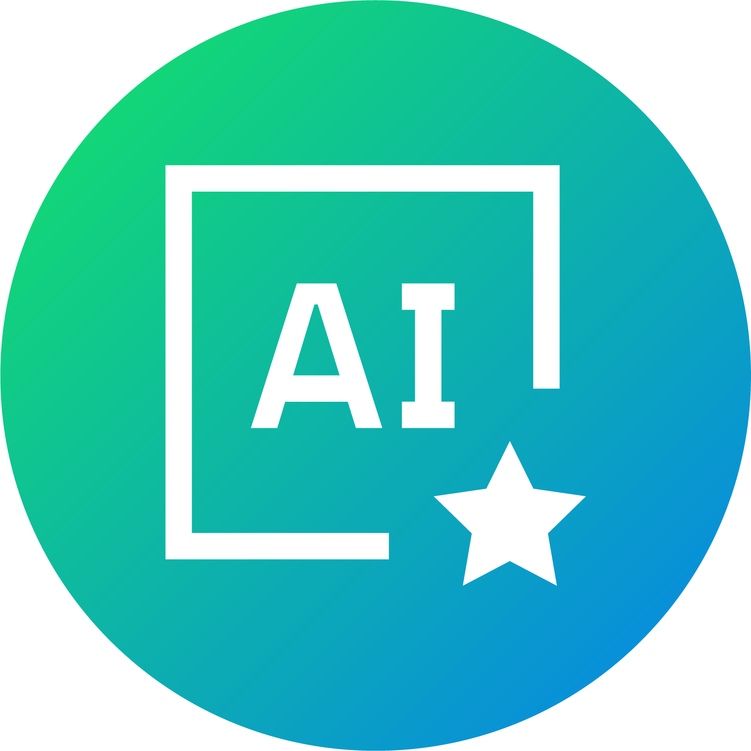 A green to blue gradient circle features a white square outline with "AI" inside and a white star at the bottom right, conveying a modern tech vibe.