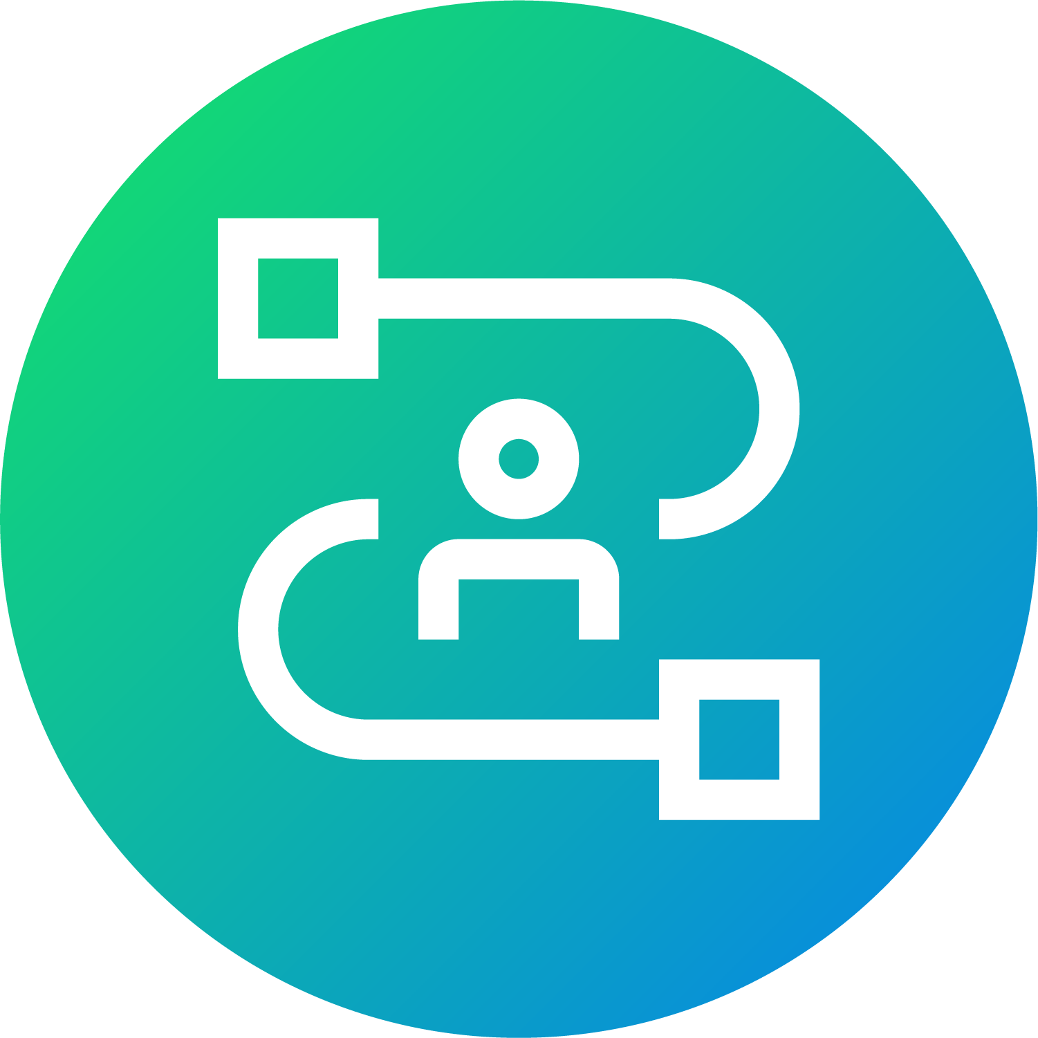 A gradient green to blue circle with a white abstract icon of a person connected by lines to two squares, resembling a network or connection.