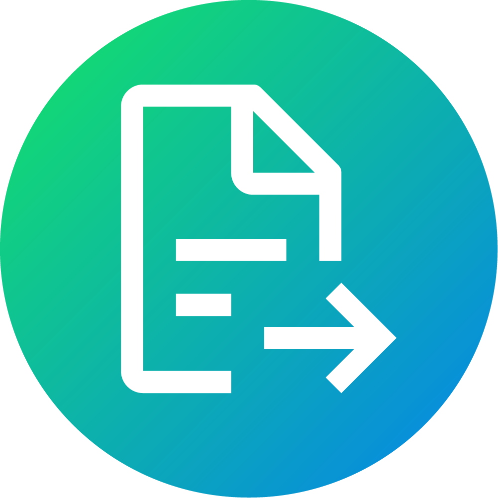 Icon of a white document with an arrow pointing right, on a blue-green gradient circle. Represents document sharing or file export.