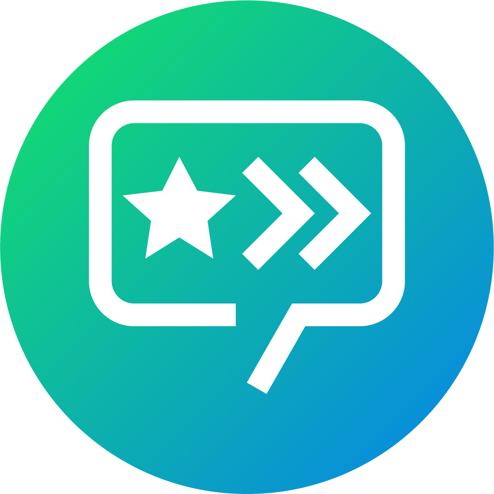 A blue-green gradient circle features a white speech bubble icon containing a star and two right-facing arrows, symbolizing communication and progress.