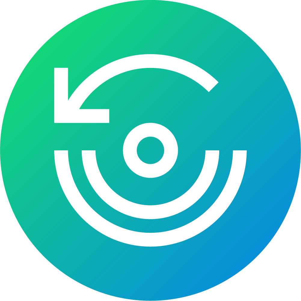 A gradient blue and green circle logo features a white arrow curving left over concentric arcs and a central dot, suggesting motion or refresh.