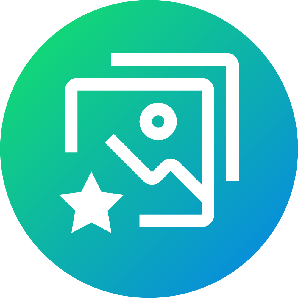 A blue-green gradient circle with overlapping photo icons and a star. The icons symbolize favorite or featured images, conveying digital media concepts.