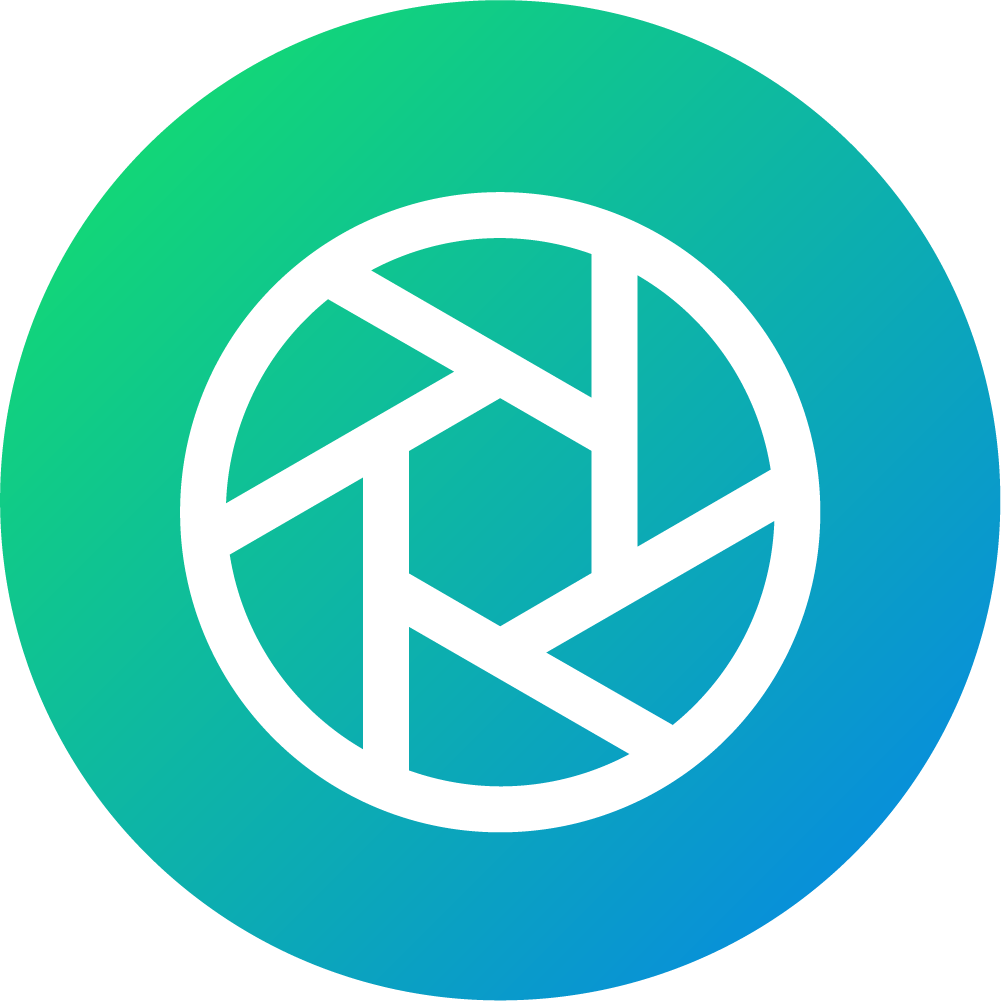 A circular logo with a blue-green gradient background features a white geometric pattern resembling a camera shutter. The tone is modern and minimalist.