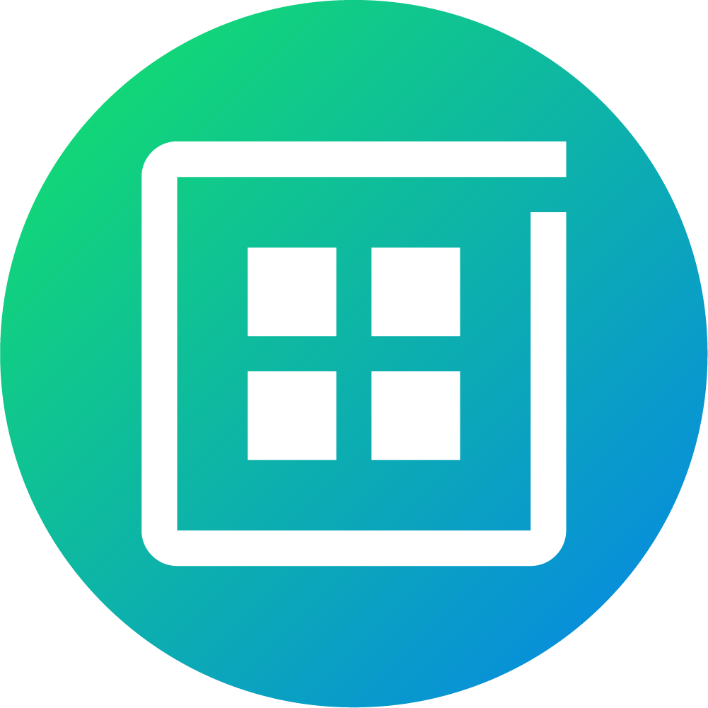 A blue-green gradient circular icon with a white outline of a square containing four smaller white squares, resembling a grid, on a transparent background.