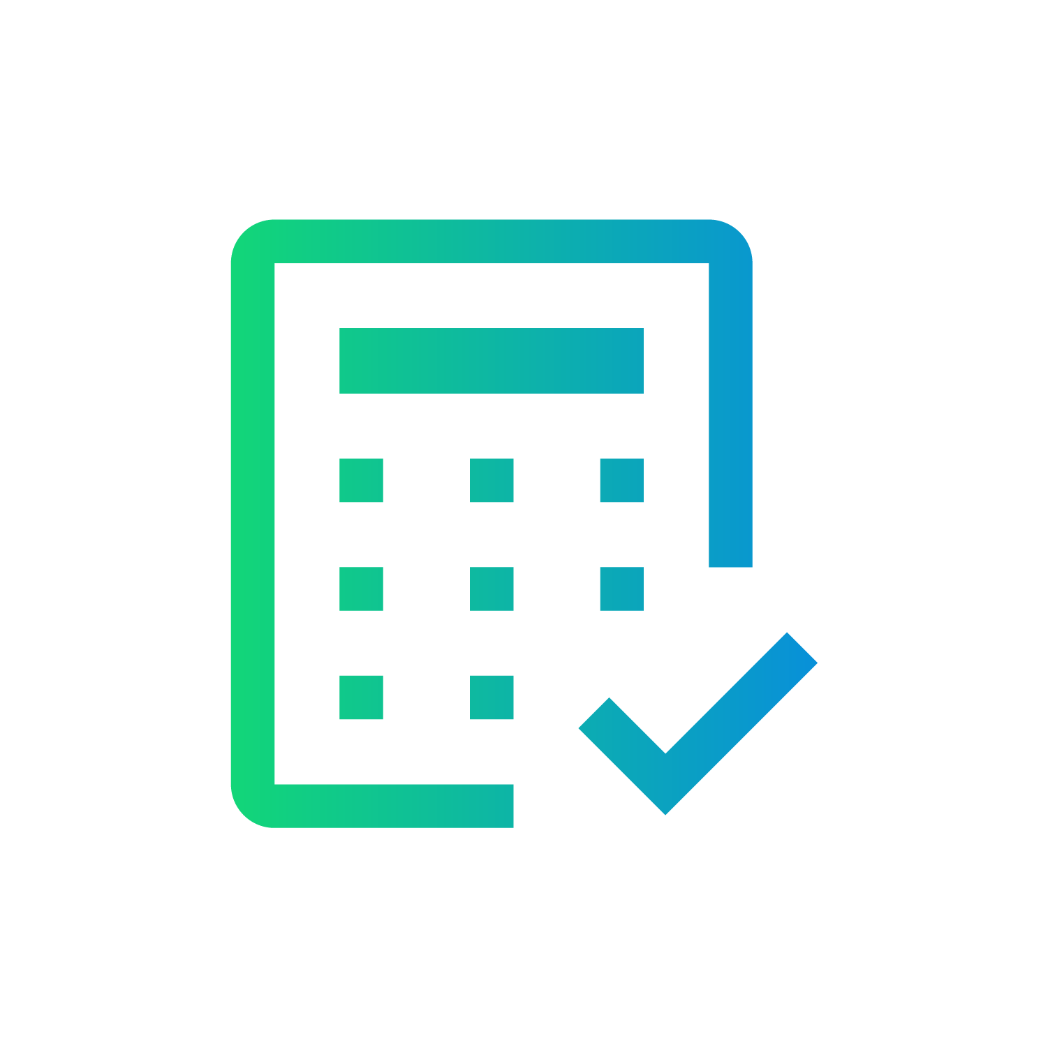Icon of a gradient green and blue calculator with a checkmark, symbolizing correctness or approval, on a white circular background.