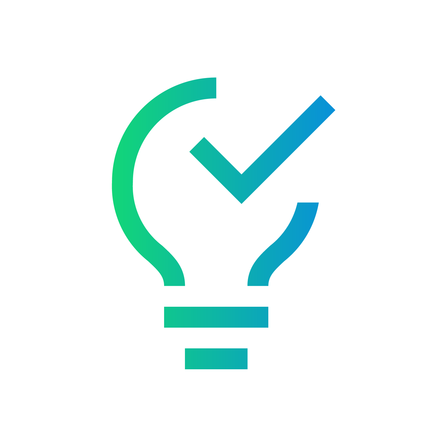 A green and blue gradient lightbulb icon with a check mark inside on a white circular background. It symbolizes innovation and approval.